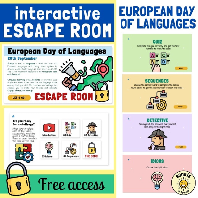sonrieinspanish's tweet photo. Morning #MFLtwitterati! Looking for interactive and safe ways to celebrate #EDL? Check our Escape Room on European Day of Languages! Suitable for all ages! Free access from https://t.co/6Hlfi8xk3H https://t.co/7C0jSn6R9T