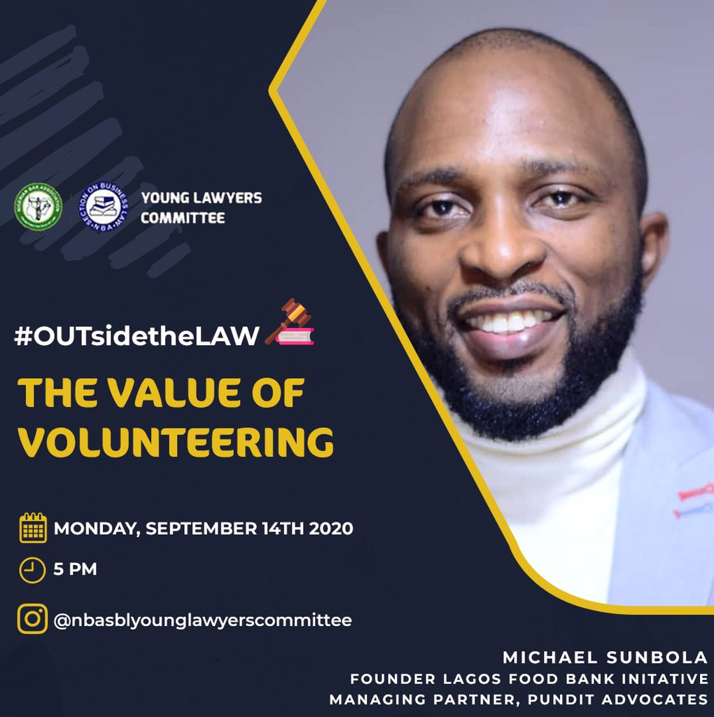 This Monday on #OUTsidetheLaw 

We'll be chatting with Michael Sunbola, a 2019 Obama Leader; Founder of <a href="/lagosfoodbank/">Lagos Food Bank</a> and Managing Partner, Pundit Advocates on, "The Value of Volunteering"

See you at 5pm • Monday, September 14th @ nbasblyounglawyerscommittee on Instragram