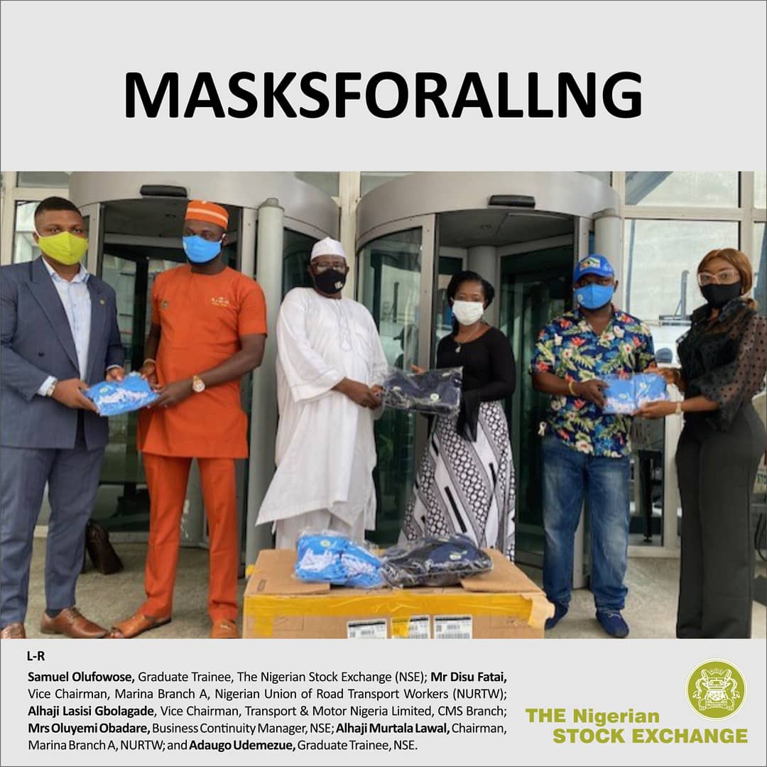 ngxgrp's tweet photo. As part of the NSE employee giveback initiative, our staff generously donated facemasks to some schools &amp; members of NURTW in Lagos Island. We are proud of our employees who have continued to support our #MasksForAllNg campaign to help flatten the curve of COVID-19. https://t.co/srwzPwAmrX