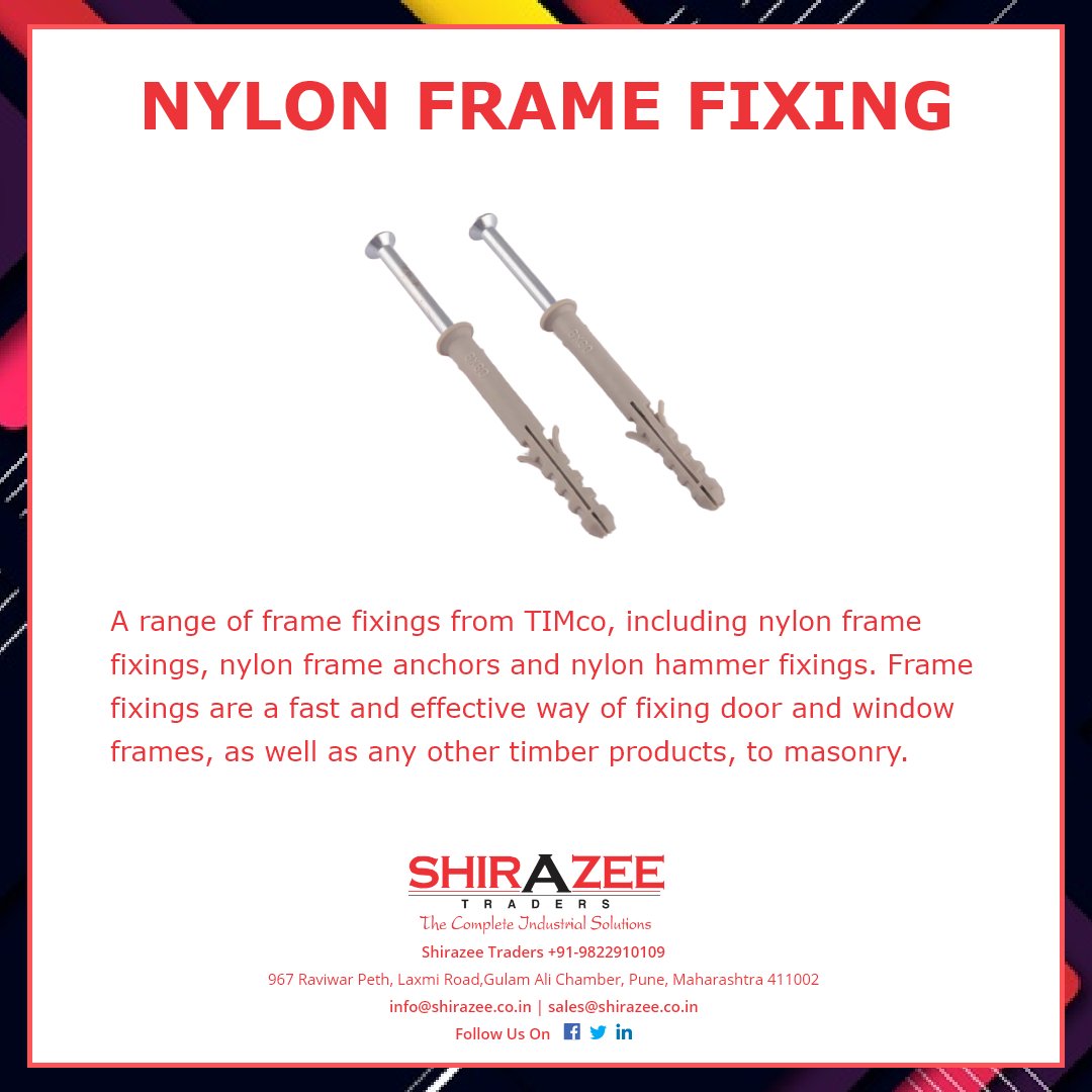 shirazeetraders's tweet image. Nylon #FrameFixing is used in solid and hollow building materials such as concrete, brick, and thermal insulation blocks.
.
Visit our website at shirazee.co.in. You can also directly order on sales@shirazee.co.in or call on 9822910109 for more details.

#shirazeetraders