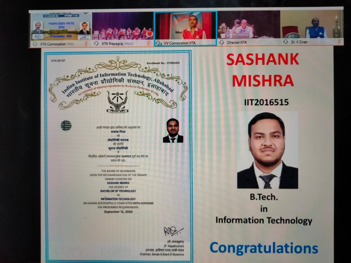 sashank_27's tweet photo. Officially a Graduate Now!🎓
With a first-ever virtual convocation in history, I am very much delighted to receive a https://t.co/roqWWzECLl. degree(with Honours) from IIIT Allahabad. 🎉
#econvocation #graduate #iiita https://t.co/htawzaUMgV