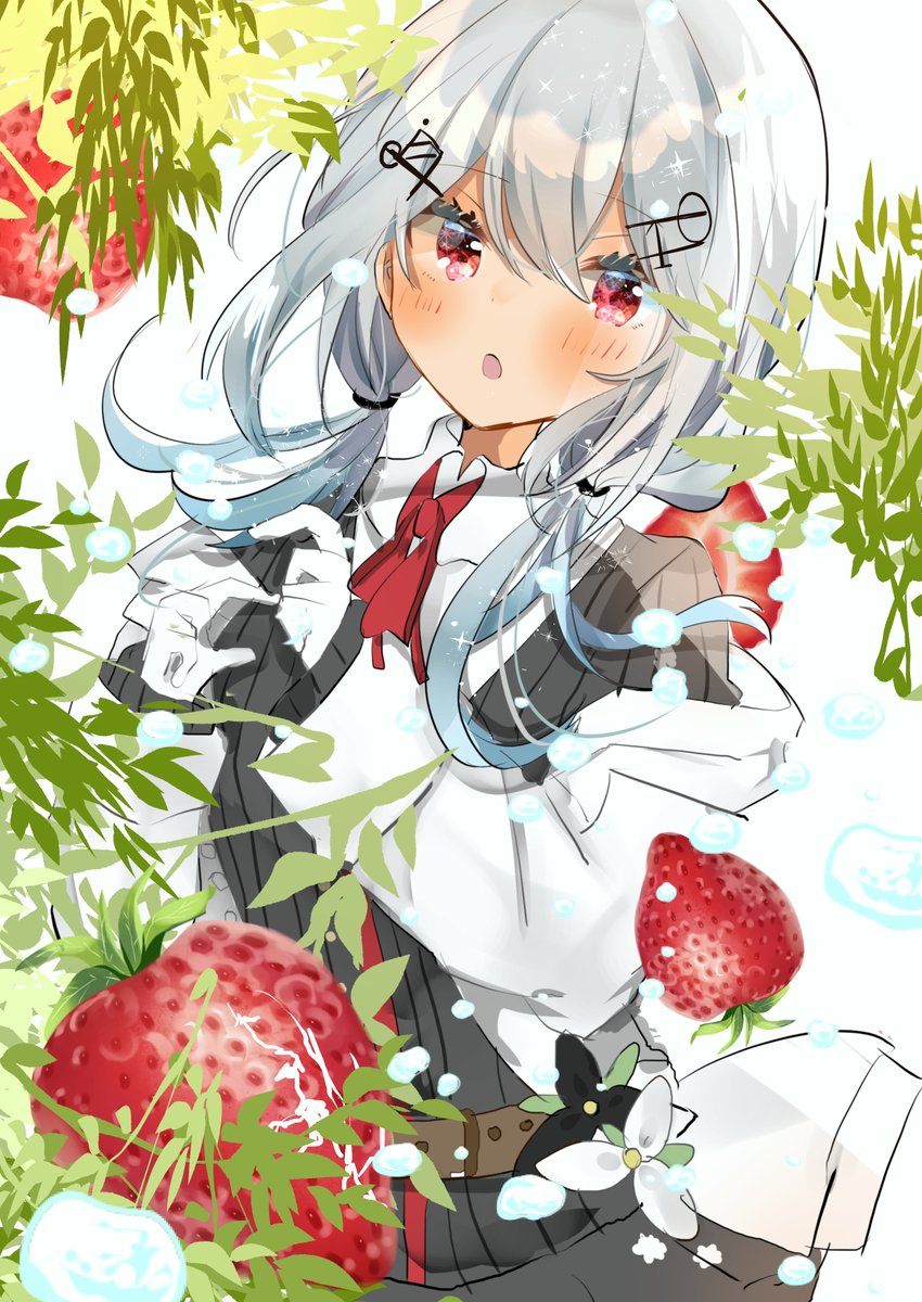 1girl solo red eyes shirt food blush gloves  illustration images