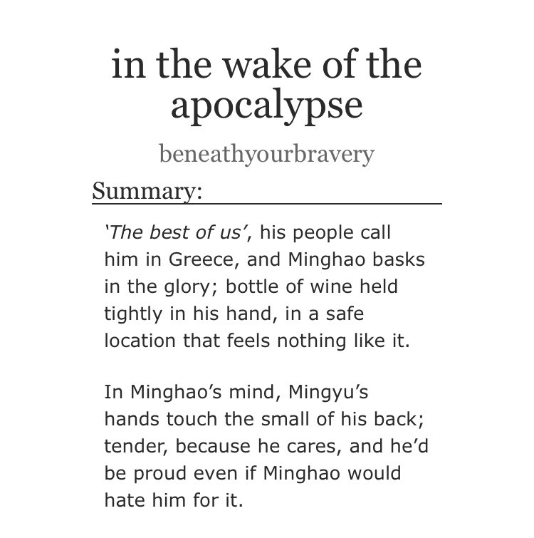 in the wake of the apocalypse 

    ⚔️ mingyu/minghao — #gyuhao
    📸 8.8k, E
    ⛓ spies &amp; secret agents
    🌃 8-centric, character study,
          unreliable narrator

archiveofourown.org/works/26215342

for <a href="/gyuhaonet/">gyuhaonet 📸 SNAP SHOOT FEST</a> #snapshootfest 🌾