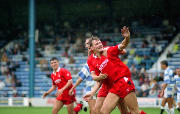 2 - 1991-92Teddy Sheringham grabs a brace in a 2-0 win, all in red. Great Shipstones kit too #QPR 0-2  #NFFC