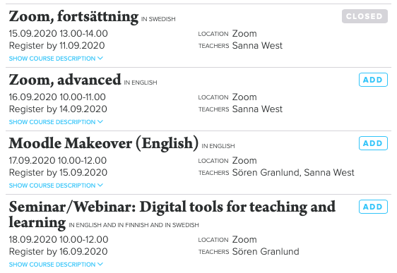 EdulabT's tweet photo. Short courses by EduLab in week 38:
- Zoom, fortsättning (Swedish) 15.09.2020 13.00-14.00
- Zoom, advanced 16.09.2020 10.00-11.00
- Moodle Makeover 17.09.2020 10.00-12.00
- Seminar: Digital tools for teaching and learning 18.09.2020 10.00-12.00 https://t.co/5Si3Q0tl0v