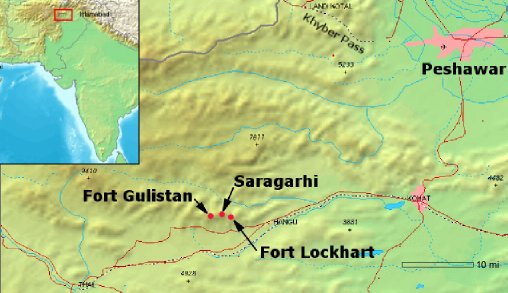 On 12th September 1897, 10000 Pashtun tribal fighters of the afridi & orakzai tribes surrounded the fort. Sep. Gurmukh Singh signalled Col. Houghton about the attack but Houghton could not send immediate help.