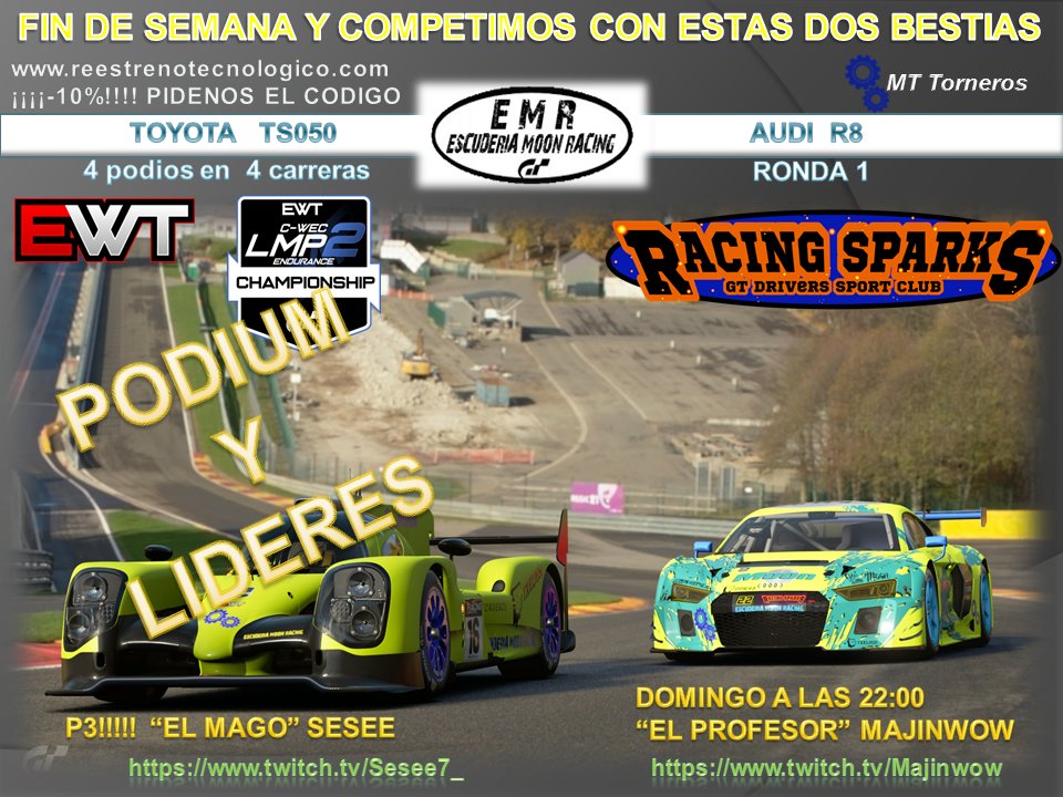 Ayer nos acostamos a falta de resultados oficiales como líderes en LMP2 del <a href="/eWorldTour/">eRacing World Tour</a> 
Grande <a href="/Sesee7_/">Sesee7_</a> subiendo al equipo al podium por cuarta vez consecutiva. Siguiente prueba, mañana,22:00, "El Profesor" se estrenará con Moon Racing en la primera división del Racing Sparks