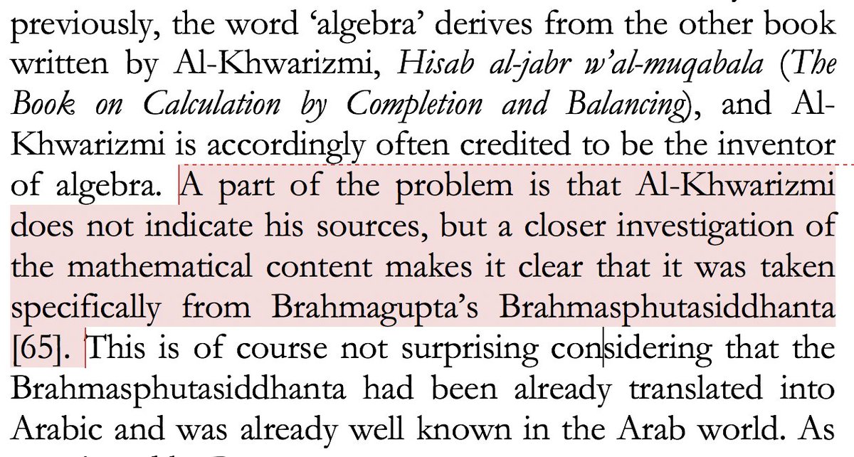 Al Khwarizmi names his book on arithmetic as Kitab al jam‘wal tafriq bi hisab al Hind, literally "The Book of Addition and Subtraction after the method of the Hindus" he fails to mention the attribution in his book on Algebra which is obviously from the same translated source.