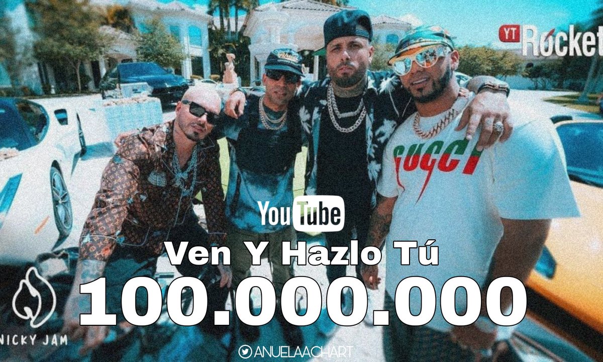 AnuelAAChart's tweet photo. 'Ven Y Hazlo Tú' by @NickyJamPR, @JBALVIN, @Anuel_2bleA and @ArcangelPrrra surpassed 100 million views on YouTube.

— This is the 49th video by Anuel that surpassed this mark on the platform. https://t.co/MV9z9cjIq3