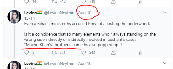 3/3 Rhea hs still not named the real BIGGIES. She won't!Yes, the MACHO Khan is involved. In my thread on Aug 10th I hd hinted abt it. Though the original info belongs to a guy who runs the JUSTICE FOR SUSHANT campaign & who ws invited to REPUBLIC.His statement ws shocking!