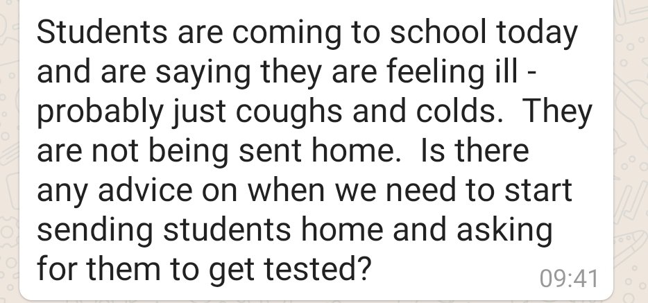 1/ Thread: Covid and Schools, how is it working out in my area which according to PHE has a low infection rate?A compilation of reports coming from my workplace reps network highlighting issues.Students coming into school with symptoms