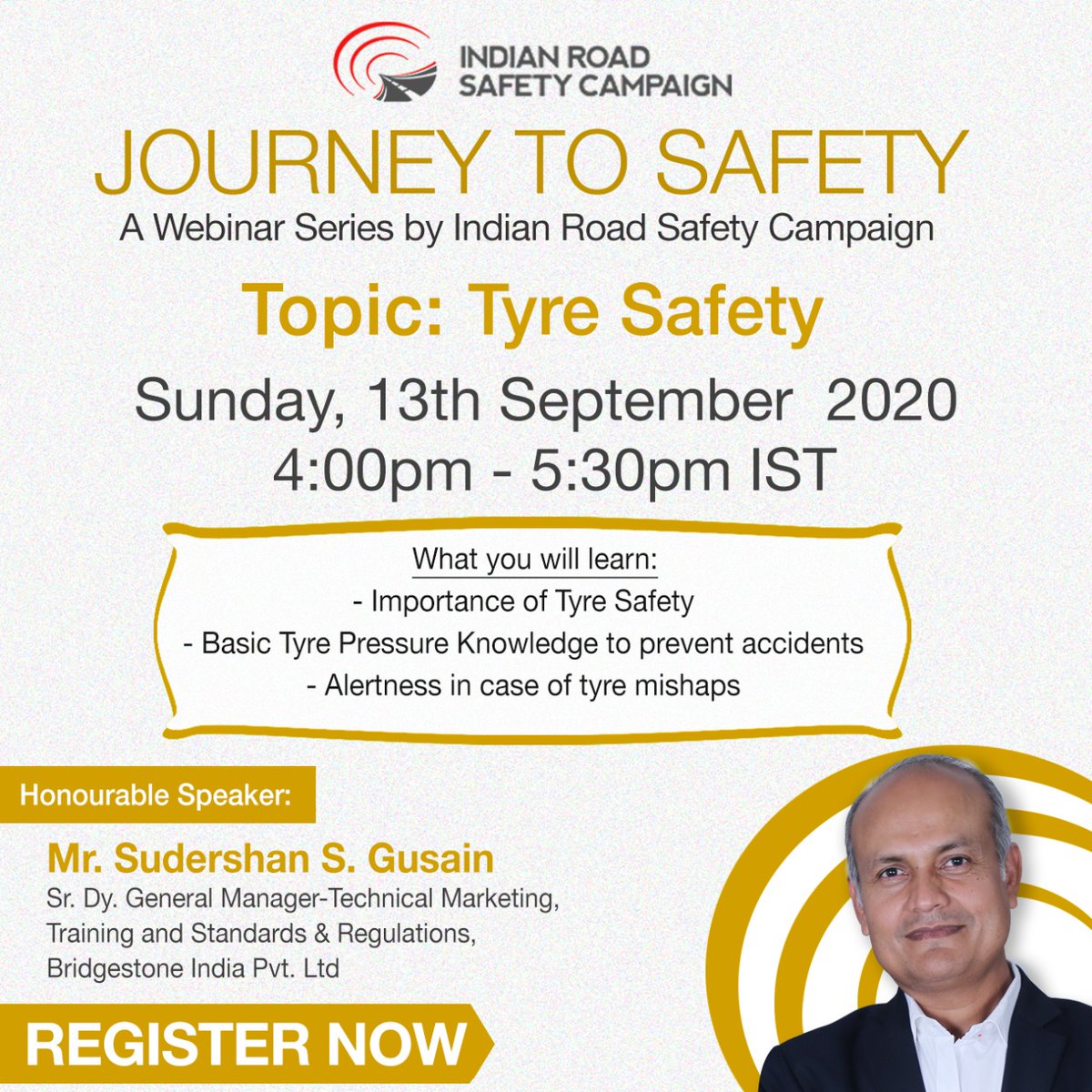IRSC_Solve's tweet photo. In the Journey to Safety Webinar XX, get an opportunity to learn about "Tyre Safety" from Mr. Sudershan S. Gusain.

Registration link- https://t.co/42dWAj5pNi

#Webinar #Session #RoadSafety #TyreSafety #SafeDrive #RoadSafety #TrafficSafety #Bridgestone #ATMA #TESS #ITTAC https://t.co/INx9ViwM9O
