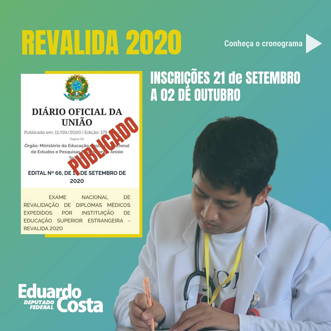 dep_eduardo's tweet photo. Revalida 2020 – Nova Conquista
Mais uma conquista dos médicos formados no exterior, o REVALIDA 2020, o período de inscrição será iniciado no dia 22 de setembro até dia 02 outubro.
#Revalida2020 #MédicosFormadosnoExterior #Saúde #DeputadoEduardoCosta https://t.co/w3RvD42vos