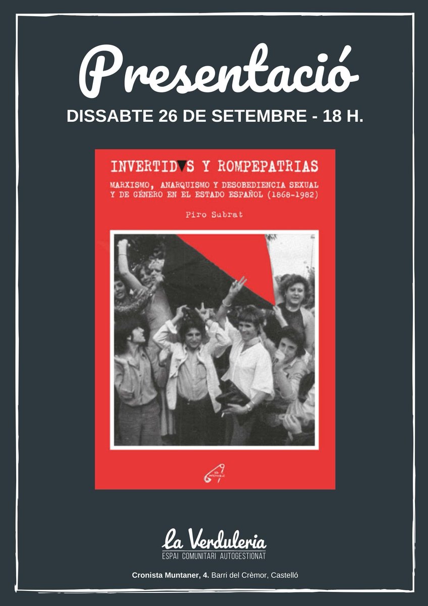 Dissabte 26 de setembre tornen les presentacions de llibres amb "Invertidxs y rompepatrias" de Piro Subrat.

😷 Vine amb mascareta
🤲 Neteja't les mans a la entrada
⚠️ Evitem aglomeracions a la porta
‼Aforament limitat (confirma assistència a info@laverduleria.org)
💚Cuidem-nos