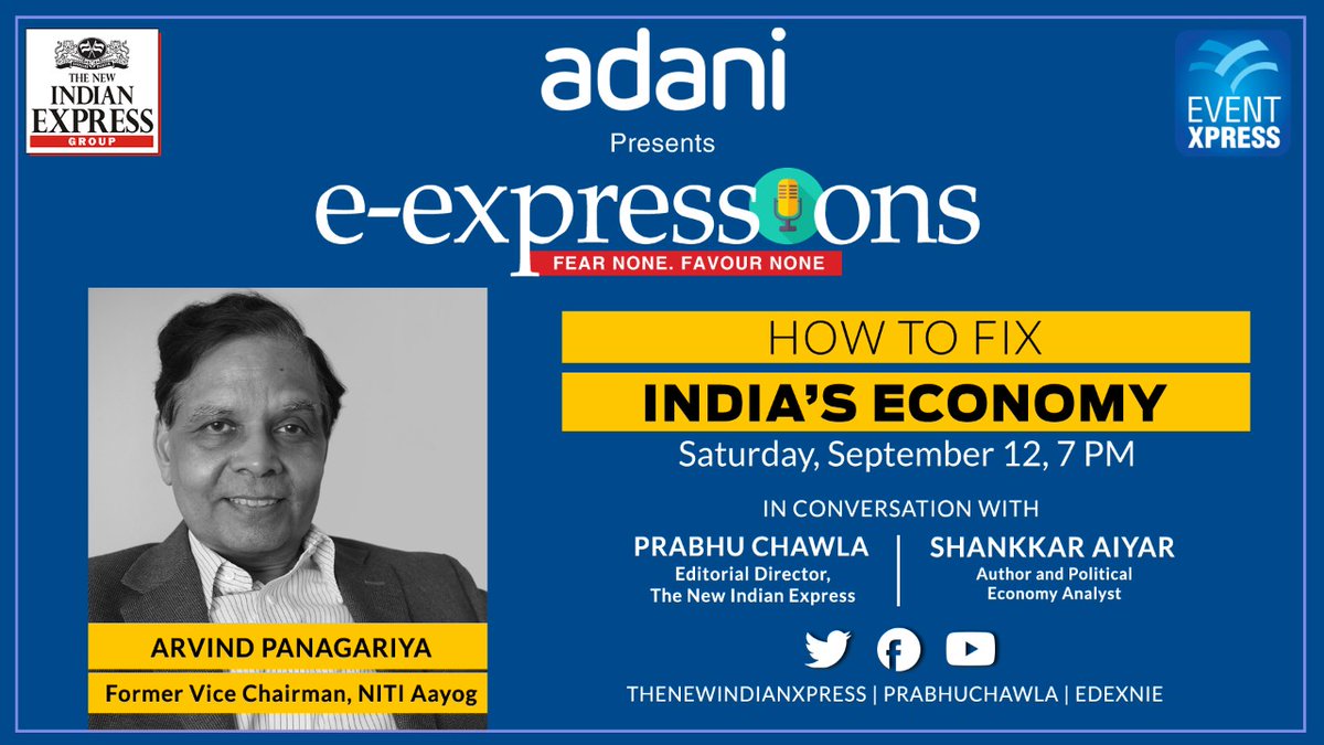 Watch, former Vice Chairman of @NITIAayog @APanagariya,  talks about 'How to fix India's economy' with me and @ShankkarAiyar  in #ExpressExpressions at 7 pm today