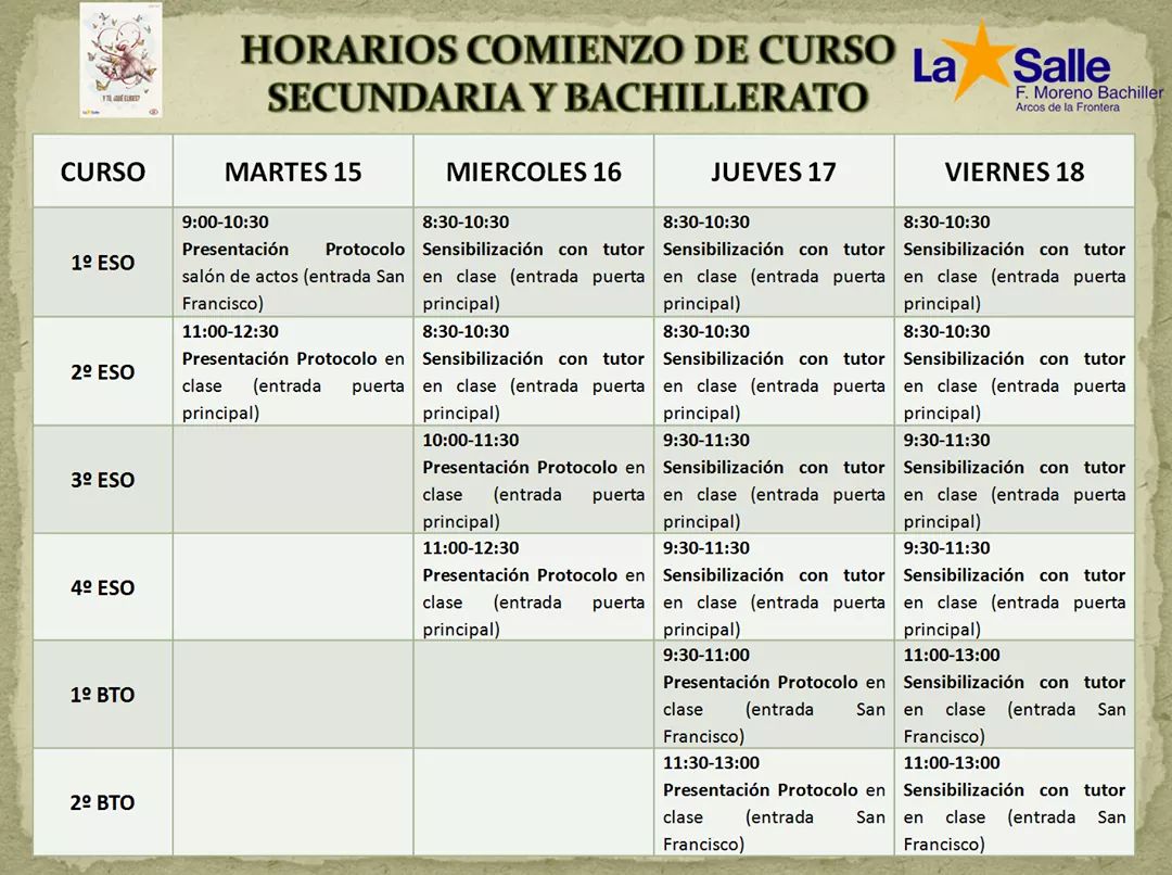 Horario de comienzo de las clases para las etapas de Secundaria y Bachillerato. ¡¡¡Nos vemos dentro de muy poco!!! #LaSalleArcos #YtúQuéEliges #arcosciudad