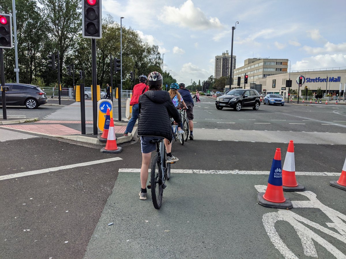 Lots of people on bikes and walking who need safe space and time like this /at the A56 Edge Lane junction. #A56 #lovethelanes