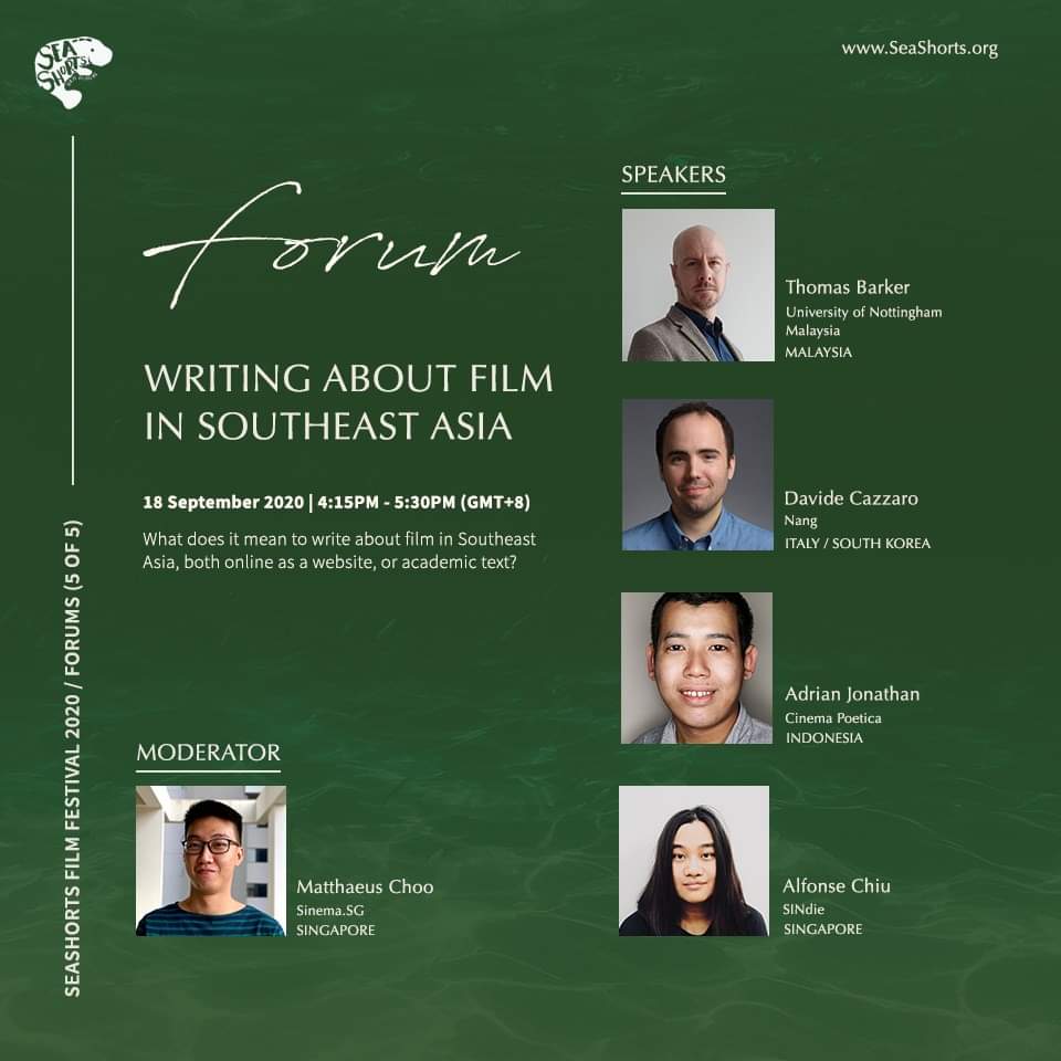 Akan mengisi forum tentang penulis ulasan dan kajian film di Asia Tenggara pada Jumat, 18 September 2020. Bakal tayang untuk umum di laman facebook SeaShorts Film Festival. Silakan bergabung~
