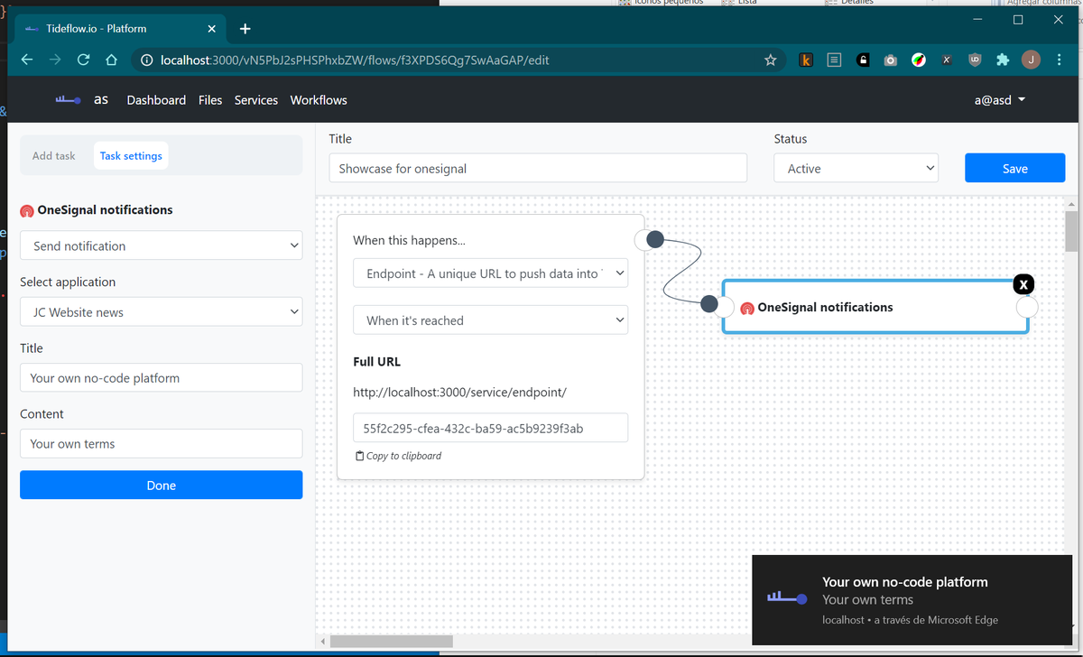 tideflowio's tweet photo. Tideflow is releasing soon #OneSignal integration. Send Web and native apps notifcations from your workflows. 

Your Own No-Code Plarform, Your Own Terms. Open Source. Stay tuned and check our blog for news comming out soon!

#NoCode #opensource #meteorjs #NodeJS #automation https://t.co/DRaK0YCqOu
