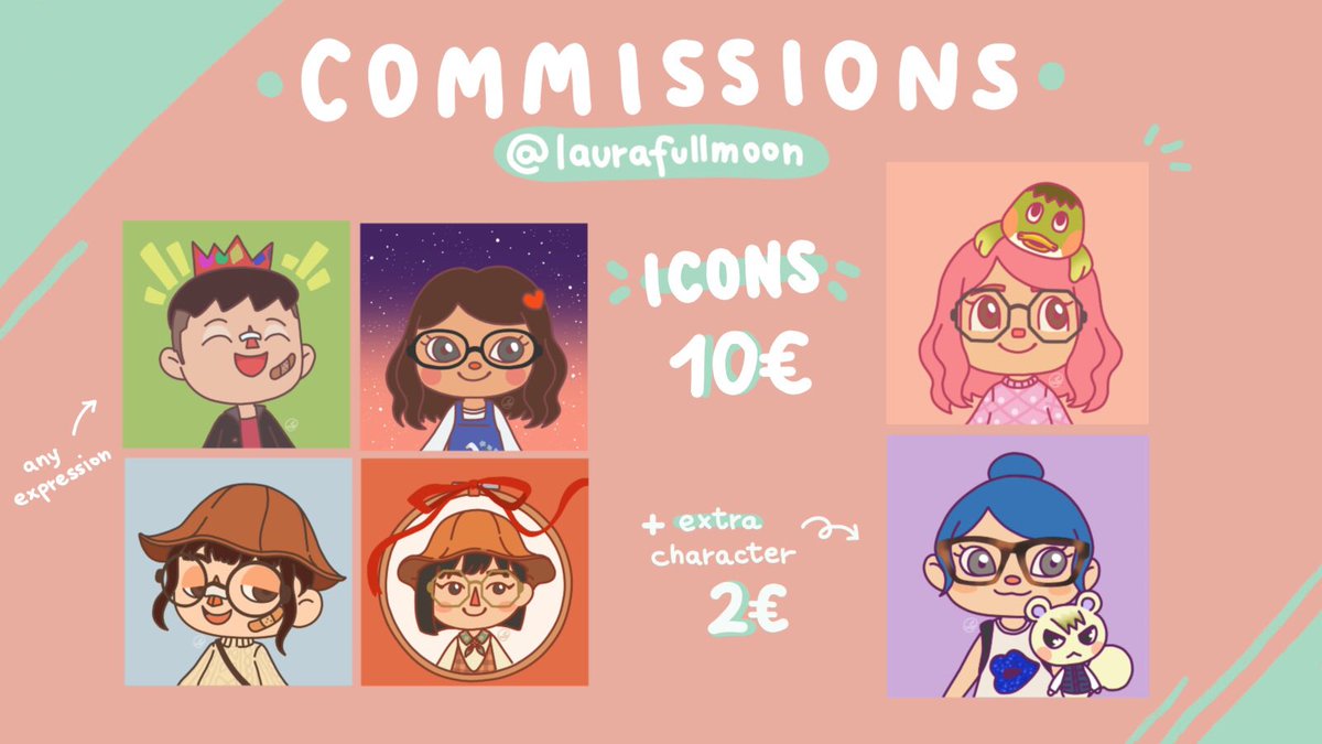 lauri_moonie's tweet photo. ✨ ART COMMISSIONS ✨

Im so happy to announce my commissions for icons &amp; headers are open again! I’m also including digital and traditional watercolors!
For more info you can DM me 💌. Hope you like them!

RTs are super appreciated 🥺💖 Tysm! 

#acnh #acnhart #commissionsopen https://t.co/Kp8F1n9xhQ