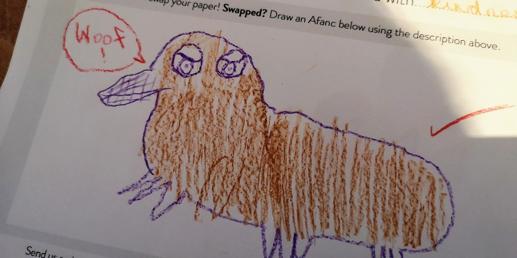 WOOF! The creature in the story of The Girl Who Wouldn't Give Up is called the Afanc - and we LOVE this hairy fella created at our spring school event.

Could you design a creature to become a mural on the streets of #Cardiff? Find out how to take part at buff.ly/2PQOwz7
