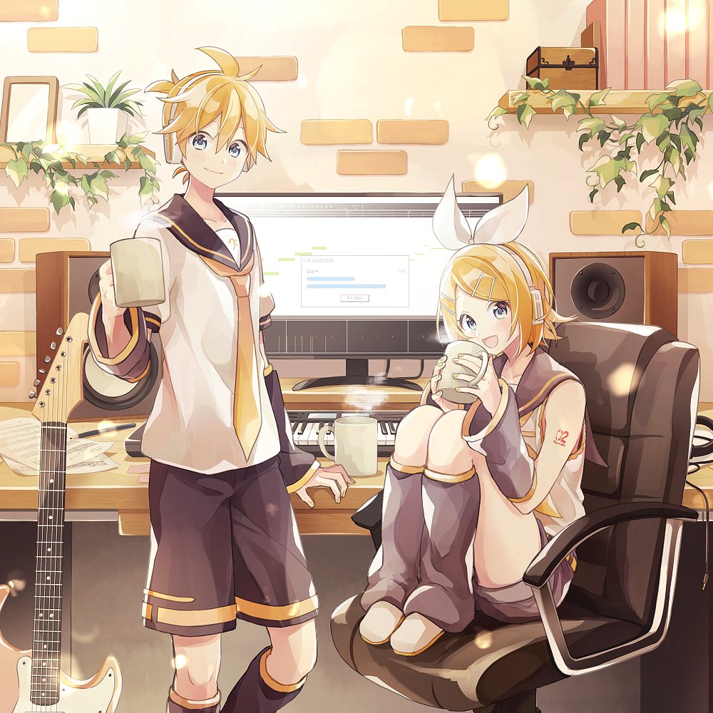 kagamine len ,kagamine rin instrument blonde hair shorts yellow necktie 1girl 1boy cup  illustration images