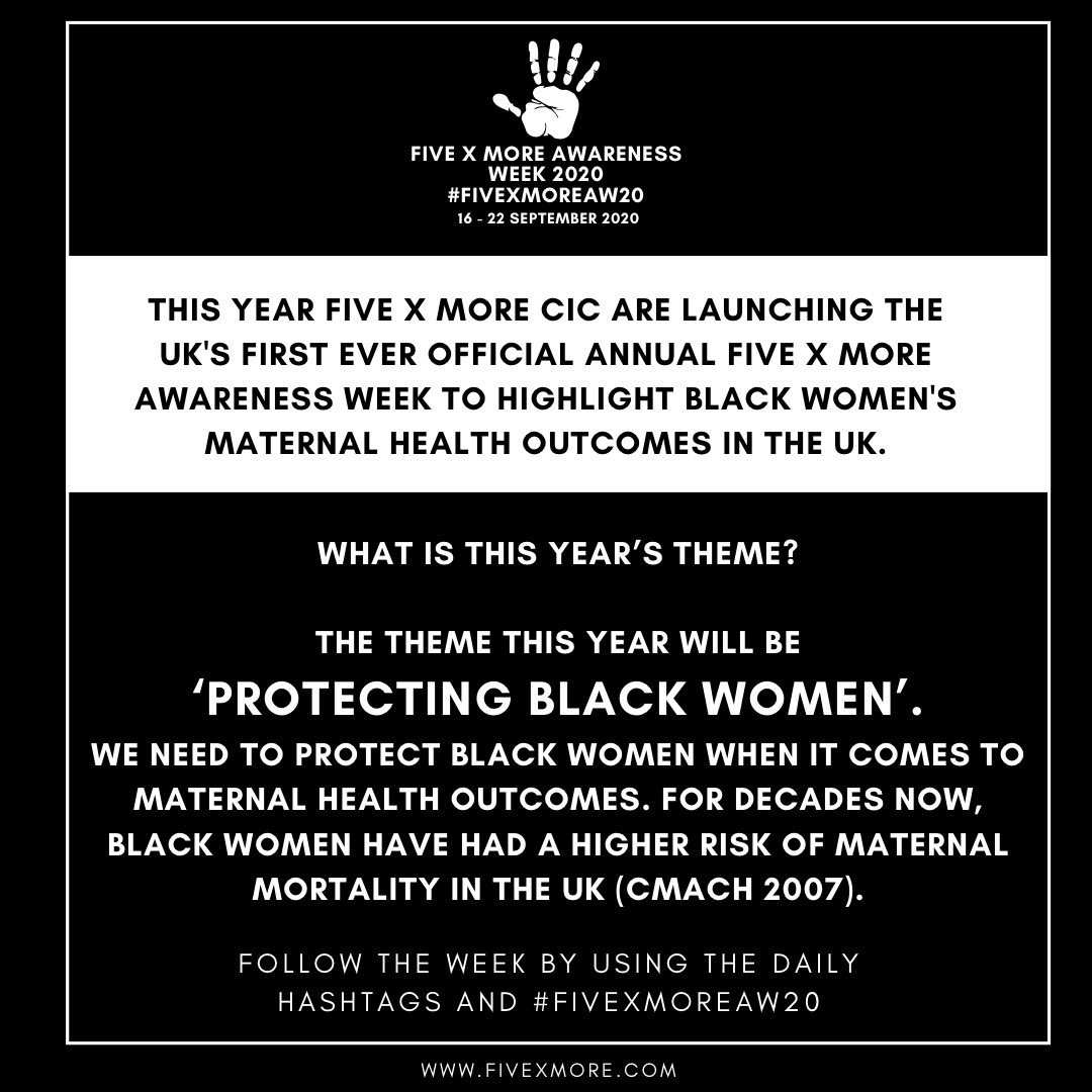 fivexmore's tweet photo. The UK's First Black Women's Maternal Health Awareness Week is here!
⠀
Next week 16 - 22 September, a weeklong campaign will be dedicated to raising awareness about the disparities in maternal outcomes for Black women.
⠀
The theme for this year is “Protecting Black Women”. https://t.co/uTi2kPoIZ8