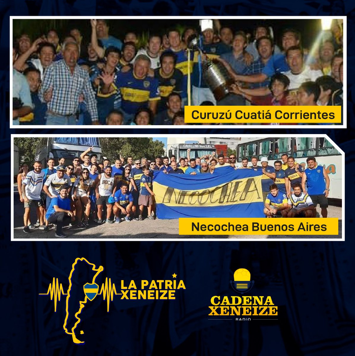 PatriaXeneize's tweet photo. Te esperamos como todos los sábados por @Cadena_Xeneize. Hoy compartimos con los #Xeneiezes de #Freyre #Trelew #Necochea #CuruzúCuatiá 💙💛💙 https://t.co/wQqzrjplyo
