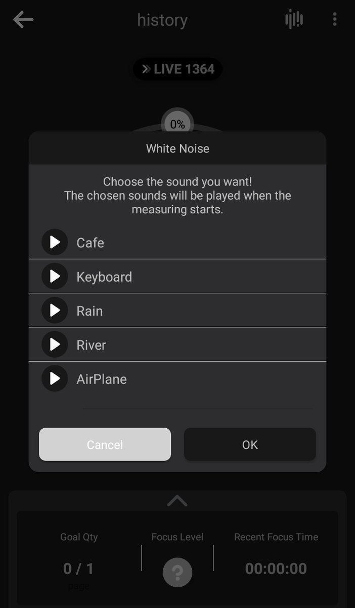 press this on the measuring screen to open the white noise window!! it offers LOTS of inapp white noises from cafes to rainstorms to rivers and trains.