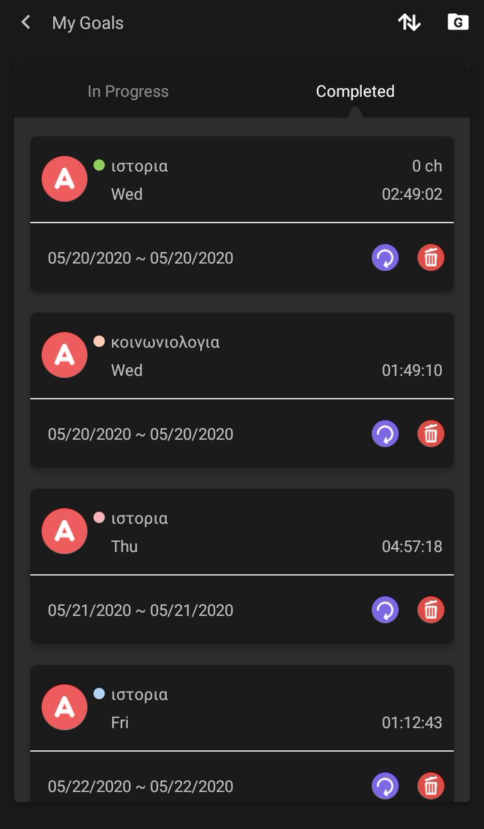 you can see your goals that are in progress and the goals youve completed! premium users can also use folders to categorize their tasks! you can also edit them, complete them or delete them here