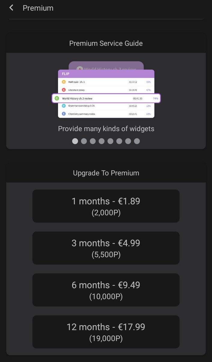 PREMIUM !! you can get premium for FREE if you: - watch ads (50p/d)- upload study logs (100p~~/d)- complete events !if you start from scratch n only do the first 2 steps you can get one month free after 20 days! u can also use points for translating posts (see next)