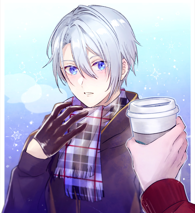 male focus gloves scarf blue eyes disposable cup coffee cup cup  illustration images
