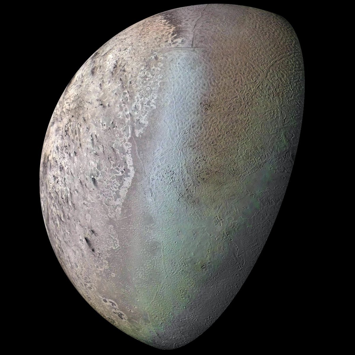This is the only detailed image we have of Triton, by far Neptune's largest moon. It was captured in 1989 by the Voyager 2 spacecraft during its flyby of the system. I got some amazing facts about Triton for you in this thread
