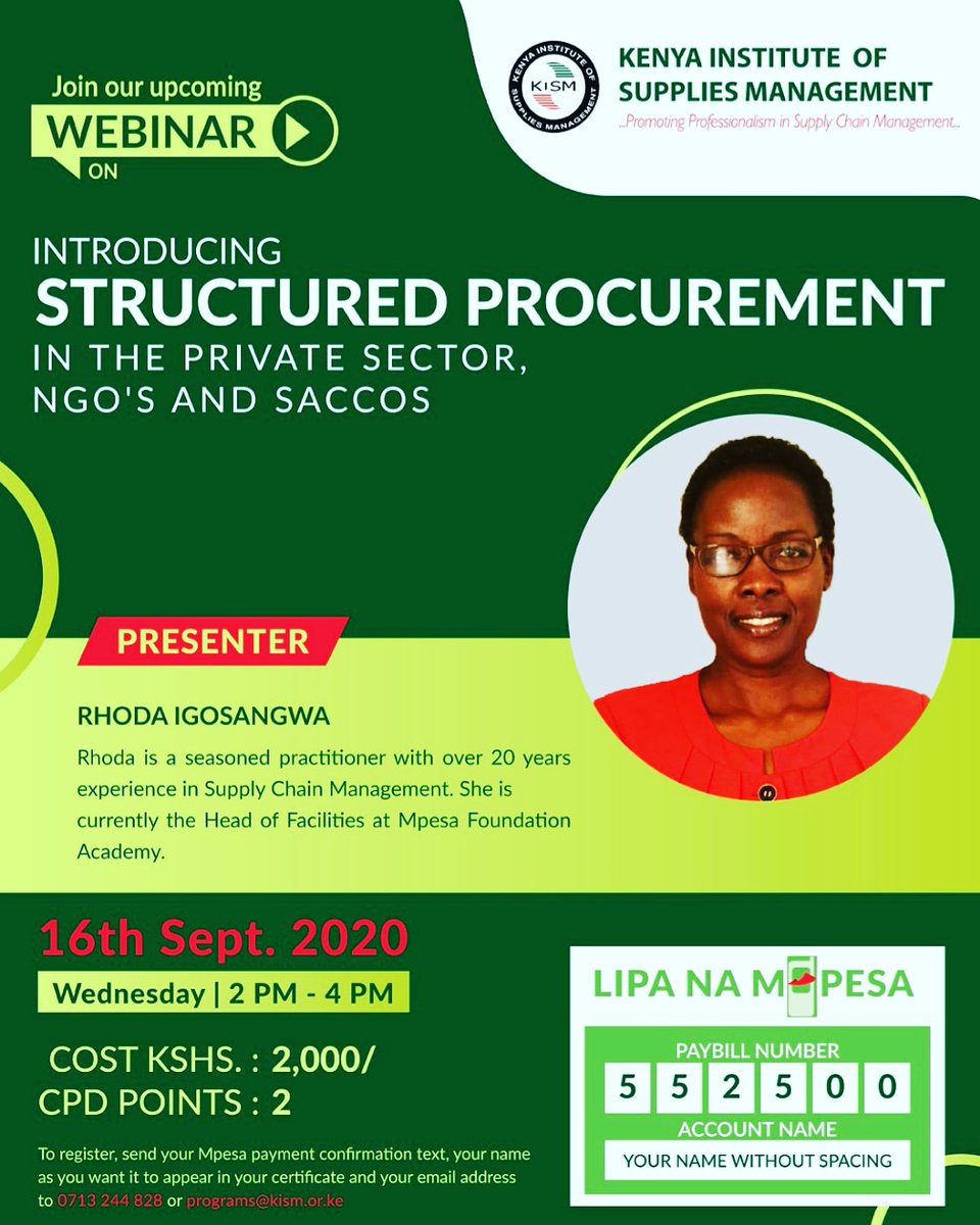 KISM UPCOMING WEBINAR

Topic: Introducing Structured Procurement in the Private Sector, Ngo's and Saccos

To register, send your Mpesa payment confirmation text, your name as you want it to appear in your certificate and your email address to 0713 244 828 or programs@kism.or.ke