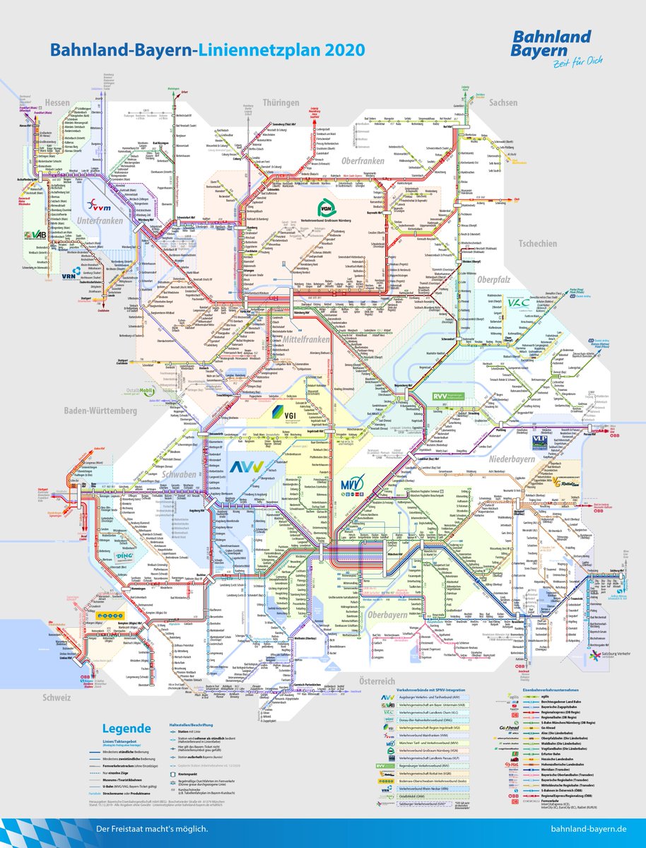 Cada ciutat important té una autoritat del transport per la seva àrea d'influència, com es veu al mapa (en aquest cas de Bayern), on s'hi integren també aquests serveis regionals dins d'aquesta àrea i es poden fer servir com un tren de rodalies més.