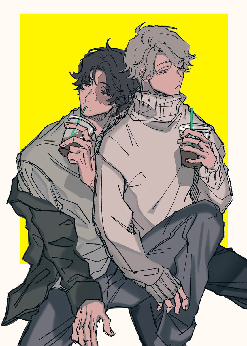 2boys multiple boys male focus cup turtleneck holding cup sweater  illustration images