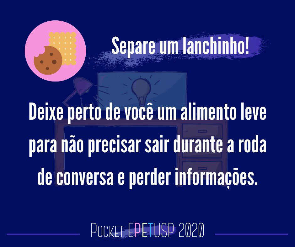 PETComp_USP's tweet photo. Olá, PETianos!

Começa hoje o pocket EPETUSP 2020!

Hoje das 9h ás 12h teremos nossas rodas de conversa, e para tentar levar para vocês a melhor experiência possível, trazemos algumas dicas para aproveitarem o evento.

Até logo!

#epetusp #petcomp #petiqsc #pocketepetusp https://t.co/Lb9qEJbzgo