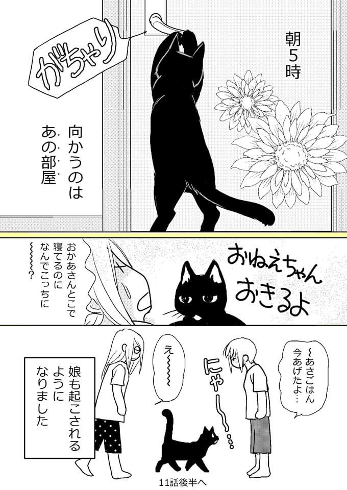 【ねこはねこかぶり】
第11話 くろねこ来たりて(1/2)
クウが1歳3ヶ月を過ぎた頃、深夜になぜかドアの閉まった部屋から出ていたということが数回ありました。
そしてある晩聞こえて来たのです。夜中にドアノブをガチャガチャ回す音が…
#ねこはねこかぶり  #黒猫
#黒猫クウ #ねこ漫画 