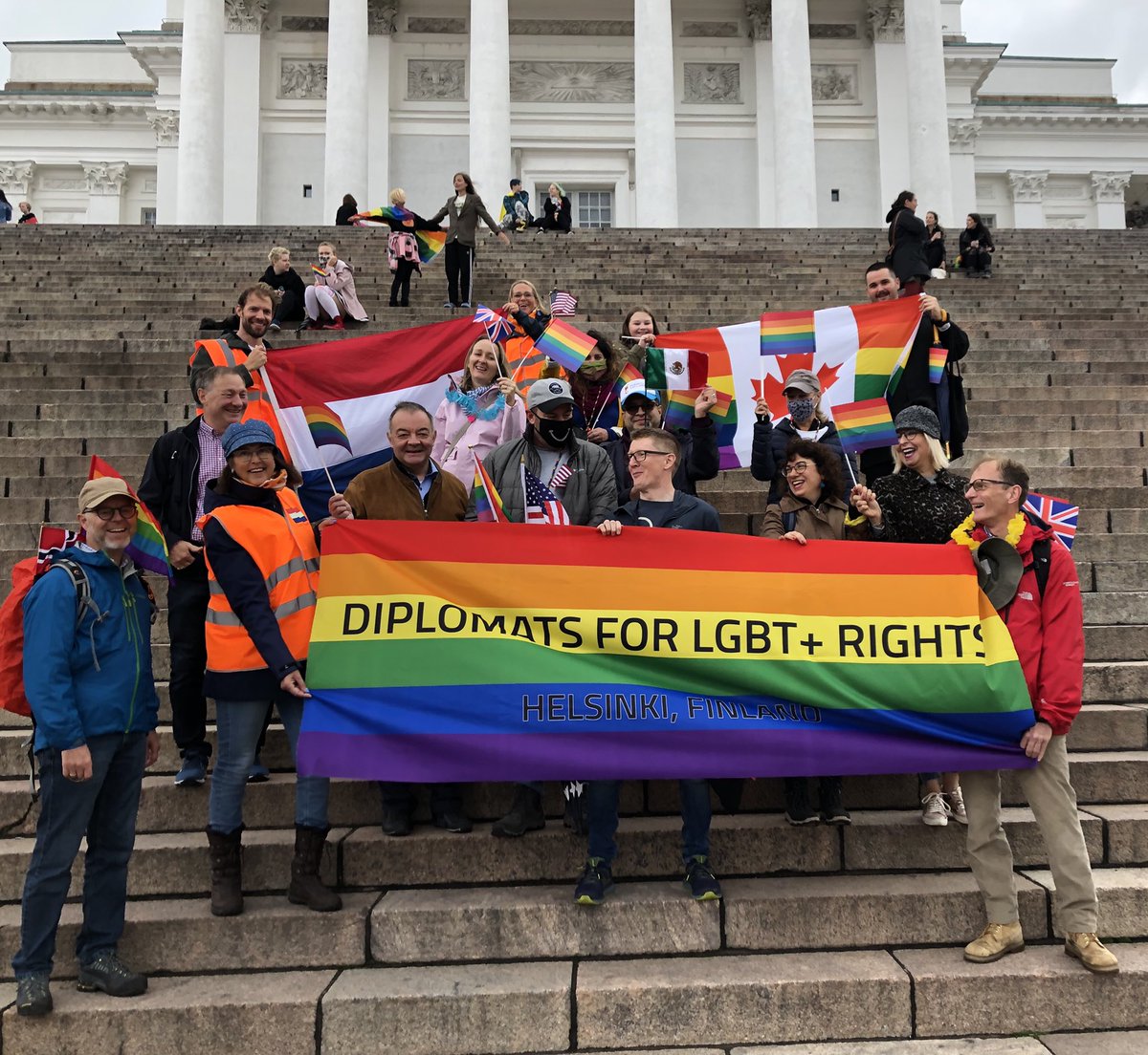 NLinFinland's tweet photo. ����️🌈 The rain didn’t stop us. Embassies and diplomats participating in the @helsinkipride walk. #helsinkipride2020 #equality #diversity #imwithpride ❤️🧡💛💚💙 https://t.co/Kbf1kcFa2r