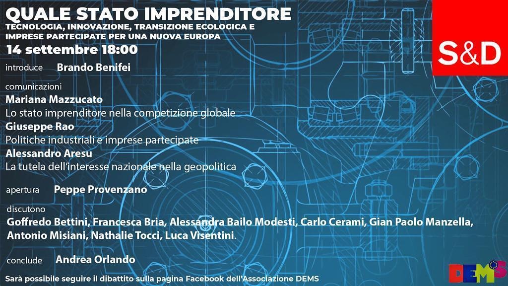 Lunedì 14, a partire dalle 18, sulla pagina Facebook Dems - Democrazia Europa Società (facebook.com/democraziaeuro…) 
il seminario QUALE STATO IMPRENDITORE. Concluderà <a href="/AndreaOrlandosp/">Andrea Orlando</a>.