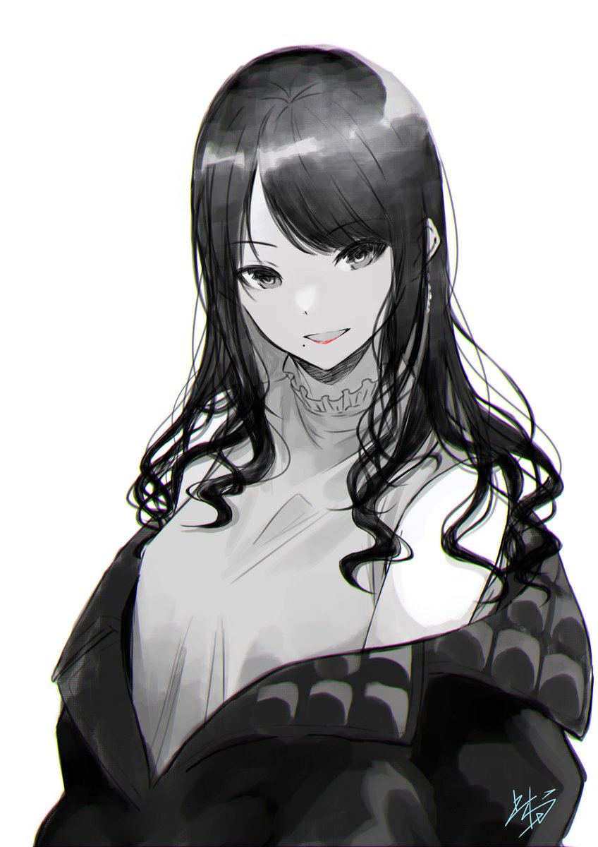 1girl solo mole under mouth monochrome long hair looking at viewer white background  illustration images