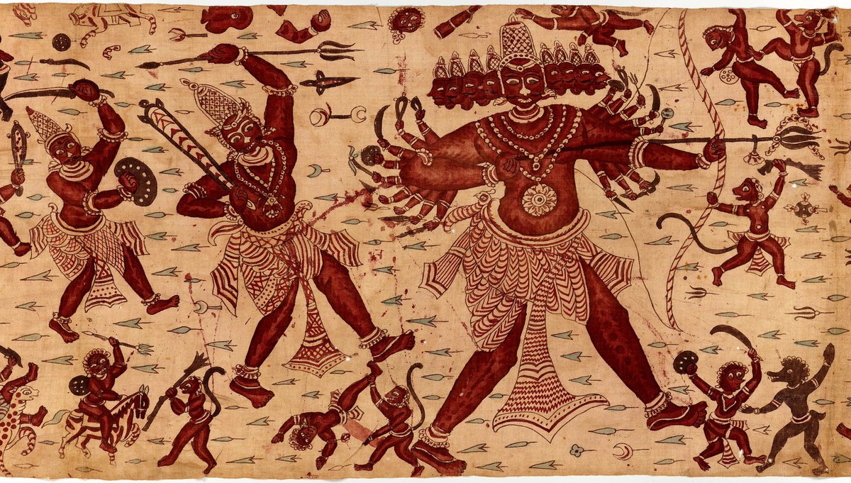 The Combat of Rama and Ravana, Coromandel Coast (18th Century) This rare example of a ceremonial textile hanging depicts the penultimate battle in the Ramayana, when Lord Rama and his monkey and bear armies fight Ravana and his hoards of demons.