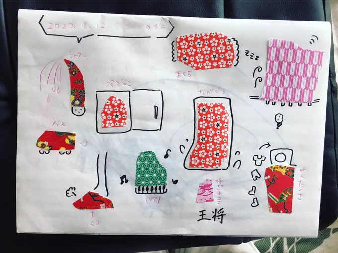 私と姉と母と4歳の甥っ子ちゃんの作品集
甥っ子ちゃんと母で切った折り紙が何に見えるか、みんなで言い合って私と姉でペンで描き込んでいった✏️ 