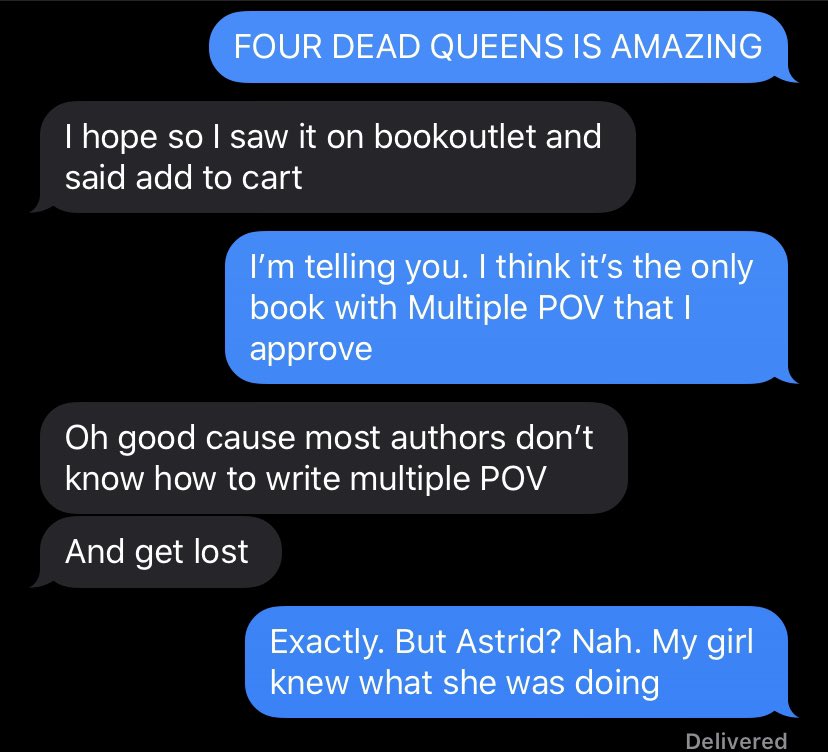 bookishcousin's tweet photo. When a friend buys #FourDeadQueens @AstridScholte 😅 https://t.co/7Ye0vQ50K9