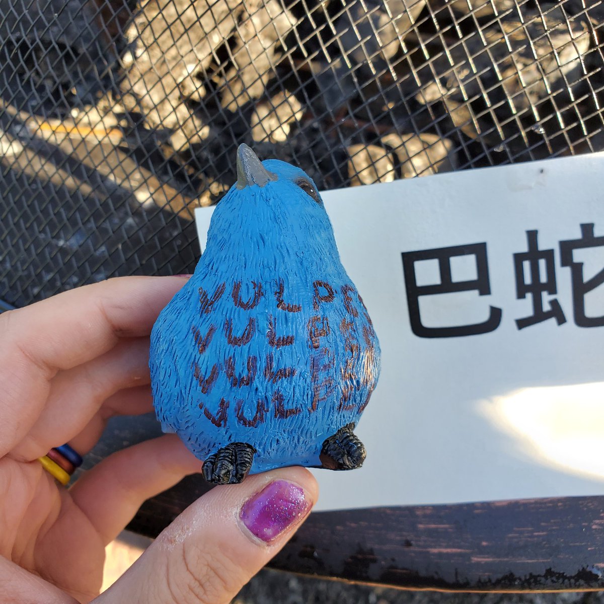 StoweArts's tweet photo. A bird that says "Fox,fox,fox,fox", a paper that says "Snake" and a wooden key. In the firepit. Apparently the bird is a baby Phoenix. #hewerquest34 #bird #fox #snake #questionable https://t.co/vMooNAoqGr
