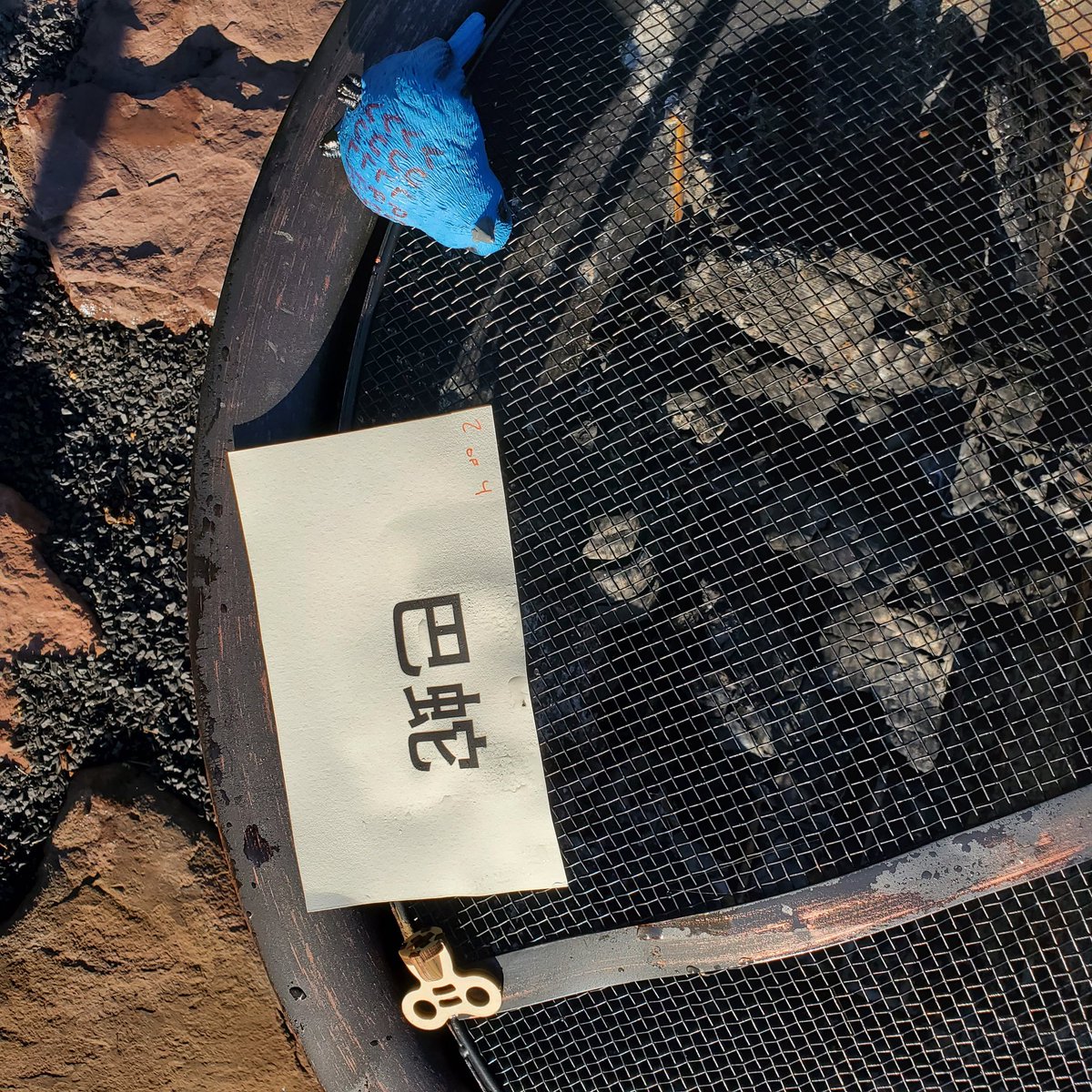 StoweArts's tweet photo. A bird that says "Fox,fox,fox,fox", a paper that says "Snake" and a wooden key. In the firepit. Apparently the bird is a baby Phoenix. #hewerquest34 #bird #fox #snake #questionable https://t.co/vMooNAoqGr