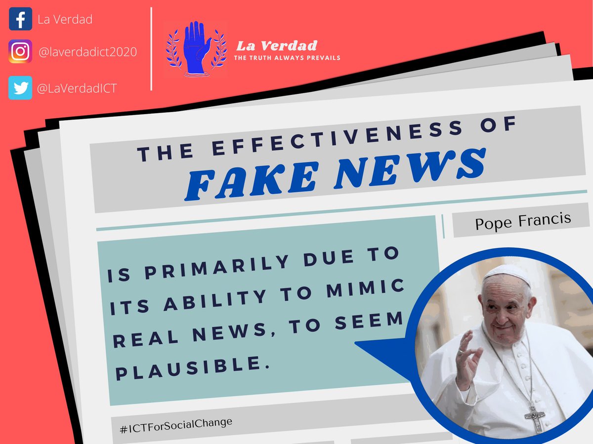 LaVerdadICT's tweet photo. INTERESTING FACT #2

Even the Pope has taken into consideration how the fake news issue has affected most people. https://t.co/RlaXd6pejo