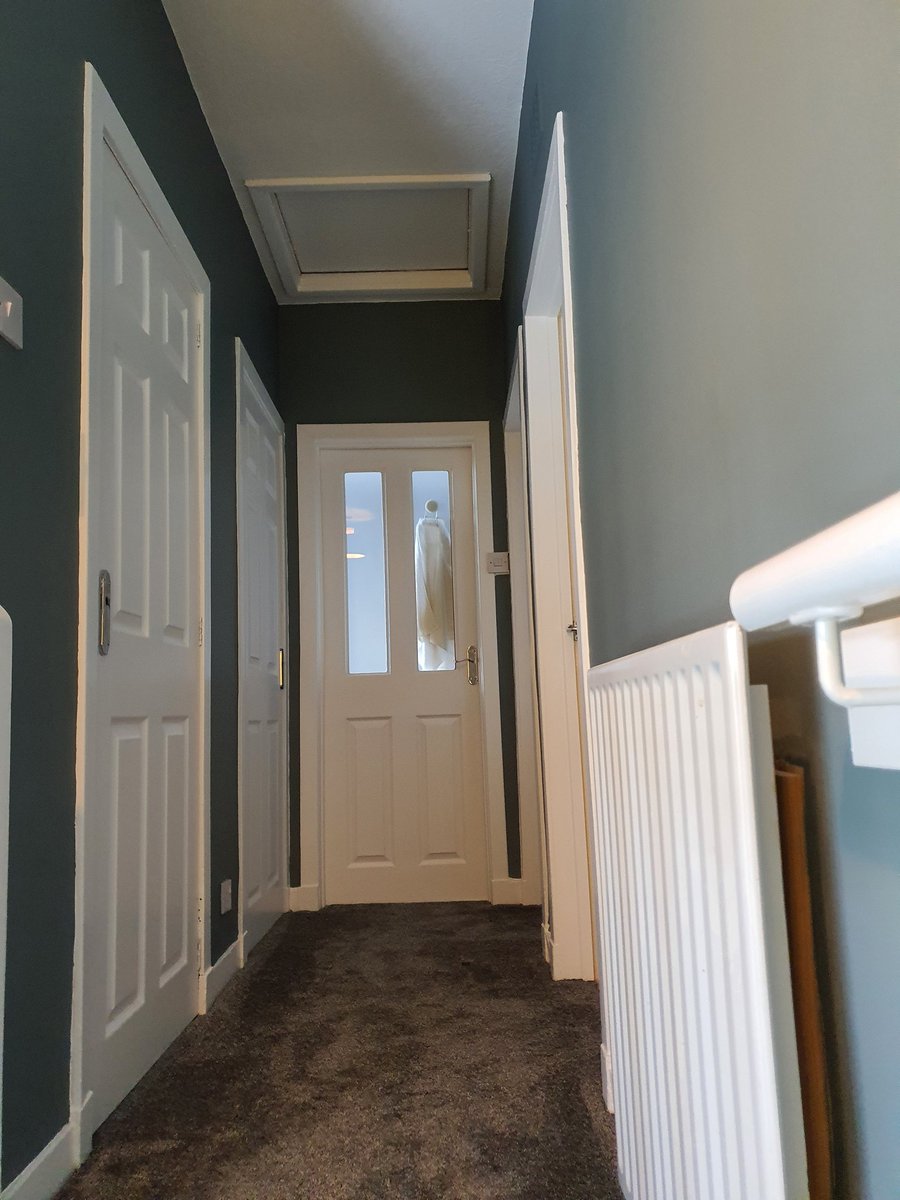 excelldecorator's tweet photo. Superb hallway completed recently. Great colour choices by the customer. Bold, daring and different. Johnstones durable matt, matched to F&amp;B "DeNimes 299" and "Babouche 223" for the walls. Tikkurila Anti Reflex white matt on the ceilings. Acrylic eggshell on the woodwork. https://t.co/bopSDftUms
