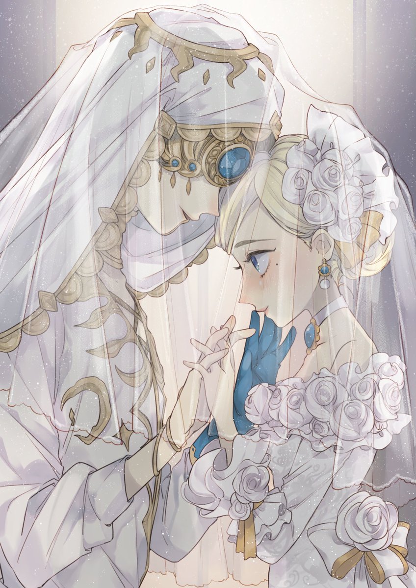 veil blonde hair dress jewelry flower blue eyes gloves  illustration images