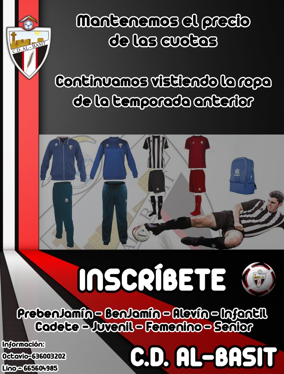 EscuelaAlBasit's tweet photo. 📢📢¡¡Inscripciones TEMPORADA 20/21!!

- Debido a la situación actual:
   * Mantenemos el precio de las cuotas
   * Volveremos a vestir la ropa de la temporada pasada

¡¡Forma parte de una de las mejores Escuelas de Fútbol!!
#Vamosalbasit ⚫️⚪️⚫️ https://t.co/1qtcsJOnq7
